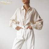 Kukombo White Lapel Linen Blouses Casual Loose Long Sleeve Office Women Shirts 2022 Vintage Single-Breasted Fashion Blouse Shirt