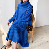 Kukombo Autumn Winter Thick Long Sweater Dress Women Side Slit Turtleneck Low-high Design Over Knee Plus Size Knitted Dress