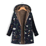 Kukombo Women Print Winter Coat Casual PlusSize Fluffy Fleece Cozy Women Coat Warm Long Sleeve Zipper Hooded Female Coat Outwear