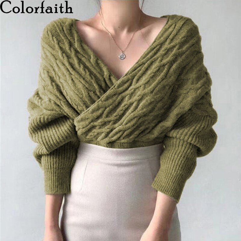 Christmas Gift  New 2021 Winter Spring Women Sweaters Knitted V-Neck Cross Wild Korean Sexy Elegant Pullovers Ladies Jumpers SW1235JX