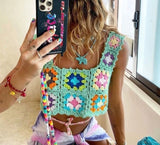 Kukombo Elegant Multi Color Handmade Crochet Tank Tops Women Summer Casual Square Neck Flower Camis High Fashion Cropped Top