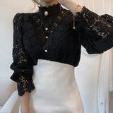 Christmas Gift White Patchwork Shirt Button Hollow Out Tops Korean Chic Lace Blouse Women Flower Stand Collar Blusas Petal Sleeve Blouses 12419
