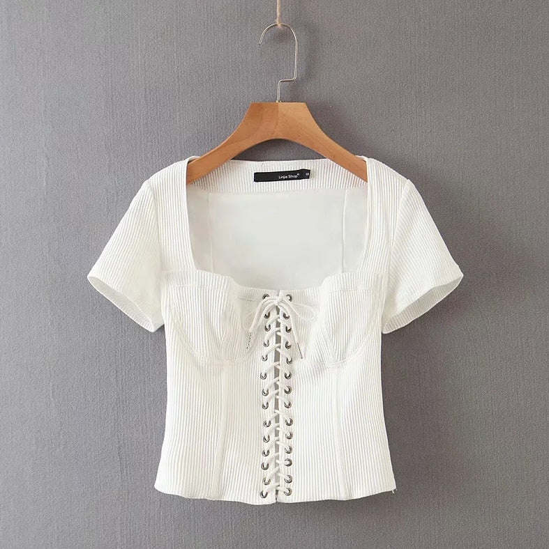 Kukombo Summer Blouse Women White Shirt Elegant Crop Top Women Vintage Lace Up Blusas Korean Square Collar Blouses Fashion 2022