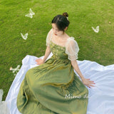 Kukombo Summer Elegant Green Dress Women French Vintage Lace Patchwork Sweet Dresses Princess Midi Short Sleeve Holiday Dresses 2022
