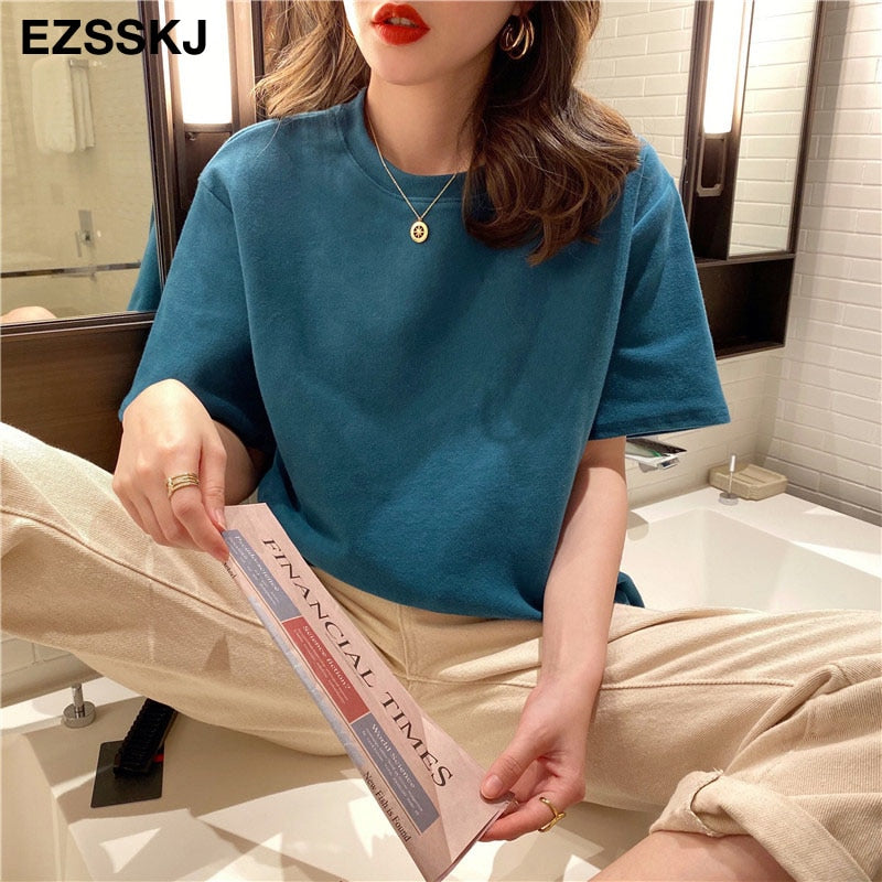 Christmas Gift high quality spring summer Women oversize T-shirt Casual Loose cotton short sleeve long T-shirt big Female Basic Thick Tops