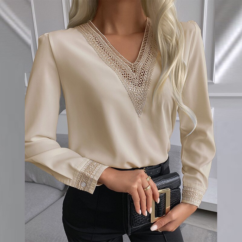 Christmas Gift New Autumn Women Lace V Neck Solid Color Long Sleeve Shirt Blouse Elegant Fashion OL Streewear Pullover Casual 2021 T-shirt Tops