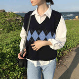 Christmas Gift Women Sweater Vest Autumn 2021 Korean Style Vintage Geometric Argyle V Neck Sleeveless Pullovers Knitted Woman Sweaters