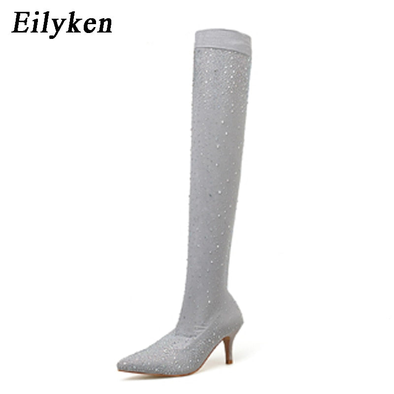Christmas Gift Eilyken 2022 Fashion Runway Crystal Stretch Fabric Sock Boots Pointy Toe Over-the-Knee Heel Thigh High Pointed Toe Woman Boot
