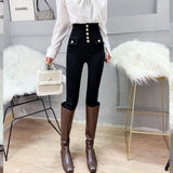 Kukombo  2022 White/Black Autumn Spring Women New Fashion Fake Pocket Gold Button Decoration High Waist Skinny Casual Pencil Pants