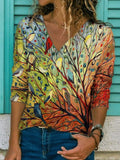 Kukombo 2022 Autumn T Shirt Women Tops Casual Long Sleeve Clothing Female Loose V Neck T Shirts Lady Floral Print Top Camisas De Mujer