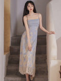 Kukombo High Sense Women Two Piece Set Blue Long Sleeved Chic Slit Gentle Blouse+Sexy Hollow Back Square Collar Print Lace Sling Dress