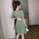 Kukombo New Style Korean-Style WOMEN's Wear French-Waist Hugging A- Line V-Neck Backless Short Sleeve Dress