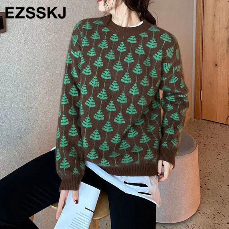 Christmas Gift Leopard oversize cashmere Leaf sweater Sweater Pullovers Women winter autumn thick chic 2021 sweater long sleeve sweater top