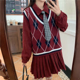 Kukombo Preppy Style Autumn Dress Sets Women New Argyle V-Neck Knitted Vest + Long Sleeve Tie Dress Female Korean Loose One-Piece Suits