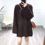 Kukombo Autumn Winter Long Turtleneck Sweater Women Loose Lazy Oaf Flare Sleeve Fluffy Synthetic Mink Cashmere Sweater Knitted Jumpers