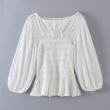 Kukombo Summer Women Blouse Ramie Pleat Neckline Split Lantern Sleeves Full Body Elastic Shirt Top Vintage High Streetwear Top