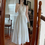 Kukombo  White Elegant Halter Dress Women Sexy Backless Korean Party Midi Dress Female Sleeveless V-Neck Vintage Dresses For Women 2022