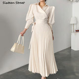 Kukombo Korean Chic Pleated Dress Woman V-Neck Apricot Elegant Long Dress Vestido Female Fall 2022 Turn-Down Neck Lace Up Dresses OL