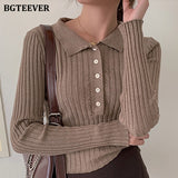 Christmas Gift BGTEEVER Elegant Turn-down Collar Single-breasted Women Sweaters Autumn Full Sleeve Slim Short Female Knitting Tops 2021
