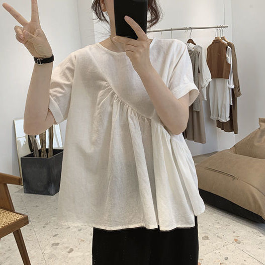 Christmas Gift Shirts Women O-neck Short Sleeve Pockets Asymmetrical Loose Solid Simple All-match Korean Style Daily Ladies A-line Female Tops