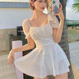 Kukombo One-Piece Women's Swimsuit 2022 Pure Color High-Waisted Sheath Swimwear Sweet Backless Bowknot Design Spa Bathing Suit Bikinis