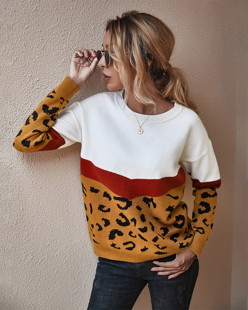 Christmas Gift 2021 Fashion Leopard Patchwork Autumn Winter Ladies Knitted Sweater Women O-neck Full Sleeve Jumper Pullovers Top