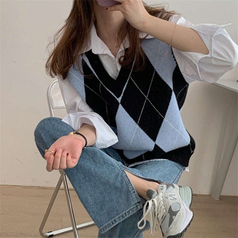Christmas Gift  2021 New Autunm Winter Women Sweater Pullover Vest Sleeveless Oversized Knitted Checkered Vintage Lady Tops SWV1397JX