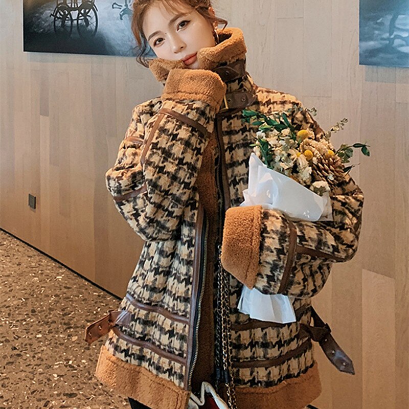 Christmas Gift Thousand bird check lamb cashmere coat fur one-piece cardigan women's winter Korean loose thickened jacket motorcycle suit