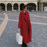 Christmas Gift Woman Long Coat Black Red Korean Retro Loose Wool Coat Belt Woolen Windbreaker Oversize Fashion Autumn 2021 Women Thick Coat 3Xl