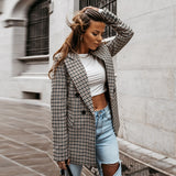Kukombo Office Ladies Notched Collar Plaid Women Blazer Double Breasted Autumn Jacket Casual Pockets Female Suits Coat