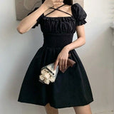 Christmas Gift Dark Academia Goth Black Dress Women 2021 Gothic Puff Sleeve Ruched Mini Dress Vintage Square Collar Bandage Party Robe