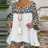 Summer Vintage Leopard Patchwork Outfits Set Cotton Linen Shirt Tops And Loose Shorts Suit Casual 3/4 Sleeve Women Two Piece Set-0406