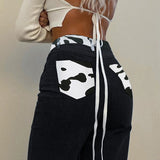 Kukombo Grey Patchwork Straight Mom Jeans Woman High Waist Pockets Boyfriend Classic Streetwear Black Pants Loose Denim