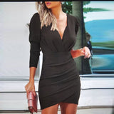 Kukombo 2022 Sexy Plunge Ruched Long Sleeve Bodycon Dress Women V Neck Surplice Wrap Slim Mini Party Dress