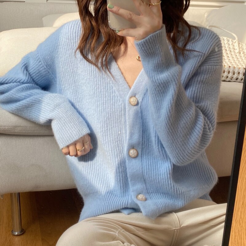 Kukombo White Cardigan Women V-Neck Knitted Ribbed Spring Autumn Sweater Fashion New Casual Long Sleeve Single Breasted Clothes