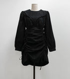 Christmas Gift Korean Chic French neck dress woman Pleated Design Waist Down Slim Irregular Drawstring Bubble Sleeve Dress