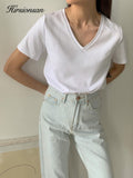 Christmas Gift Hirsionsan 100% Cotton Summer T Shirt Women Soft Short Sleeve  V Neck Female Tees Basic Kintwear Tops Harajuku Tshirt for Ladies