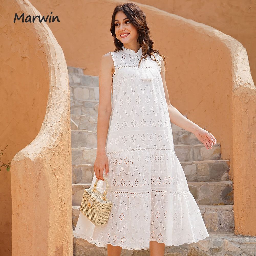 Christmas Gift Marwin Long Simple Casual Solid Hollow Out Pure Cotton Holiday Style High Waist Fashion Mid-Calf Summer Dresses NEW Vestidos
