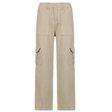Kukombo Vintage Khaki Wide Leg Cargo Jeans High Waist Big Pockets Baggy Denim Trousers Casual Oversized Pants Street Sweatpants