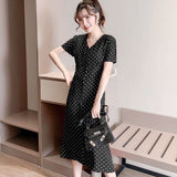 Kukombo Short Sleeve Dress Women V-Neck Polka-Dot Chiffon Elegant Chic Single-Breasted Chic Slender Sexy High-Waist Korean Retro Grils