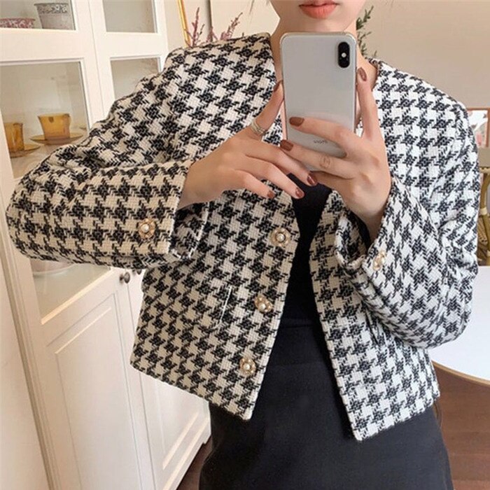 Kukombo Spring Autumn Women's Blazers Jackets Fashionable Vintage Checkered Plaid Elegant Lady Short Tops JK1068