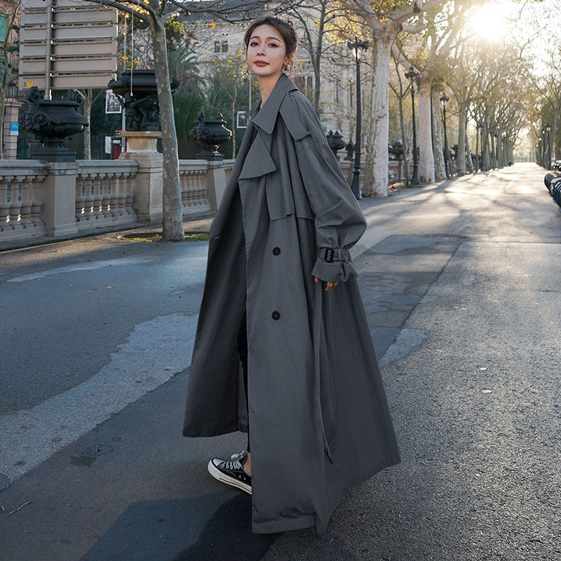 Christmas Gift Korean Style Loose Oversized X-Long Women's Trench Coat Double-Breasted Belted Lady Cloak Windbreaker Spring Fall Outerwear Grey