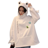 Kukombo Cartoon Lover's Cute Long Sleeve Sweatshirt Loose Printing Tops Casual High Collar Pocket Frog Head Warm Hoodie Pullover