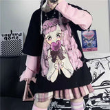 Kukombo Harajuku Anime Hoodies Alt Kawaii Girls Fake Two Piece Top Striped Long Sleeve Y2k Pullover BF Korean Japanese Sweatshirt Teens