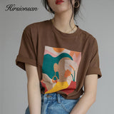 Christmas Gift Hirsionsan Aesthetic Printed T Shirts Women 2021 New Soft Vintage Loose Tees Abstract Graphic Cotton Tshirts Summer Casual Tops