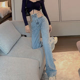 Kukombo  streetwear Side Cross Chain Hollow Out Wide-leg Women's Jeans High Waist Pants Sexy Elegant Ladies Europe Fashion Jeans KZ355