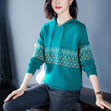 Christmas Gift Print Hooded Knitted Women's Sweater Autumn Winter Loose Pullovers Female Long Sleeve Drawstring  Casual Warm Sweater