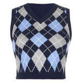 Christmas Gift HEYounGIRL V Neck Vintage Argyle Sweater Vest Women Black Sleeveless Plaid Knitted Crop Sweaters Casual Autumn Preppy Style
