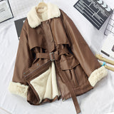 Christmas Gift eather clothes winter 2021 new Korean Pu fur one-piece fur collar lace up Plush jacket fashion motorcycle clothes women's coat