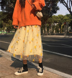 Kukombo Yellow 3D Flower Lace Skrit Women High Waist Mesh Long Skrit Female elegant Midi tulle skirt Sweet Cute Student School Wear saia